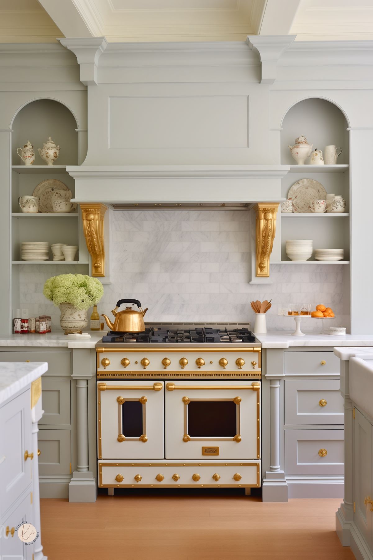 Elegant kitchen with soft gray cabinetry and a luxurious white and gold stove. Open shelving displays fine china, and the light gray walls complement the serene atmosphere. Gold hardware and fixtures add a touch of sophistication, highlighted by natural light from large windows.