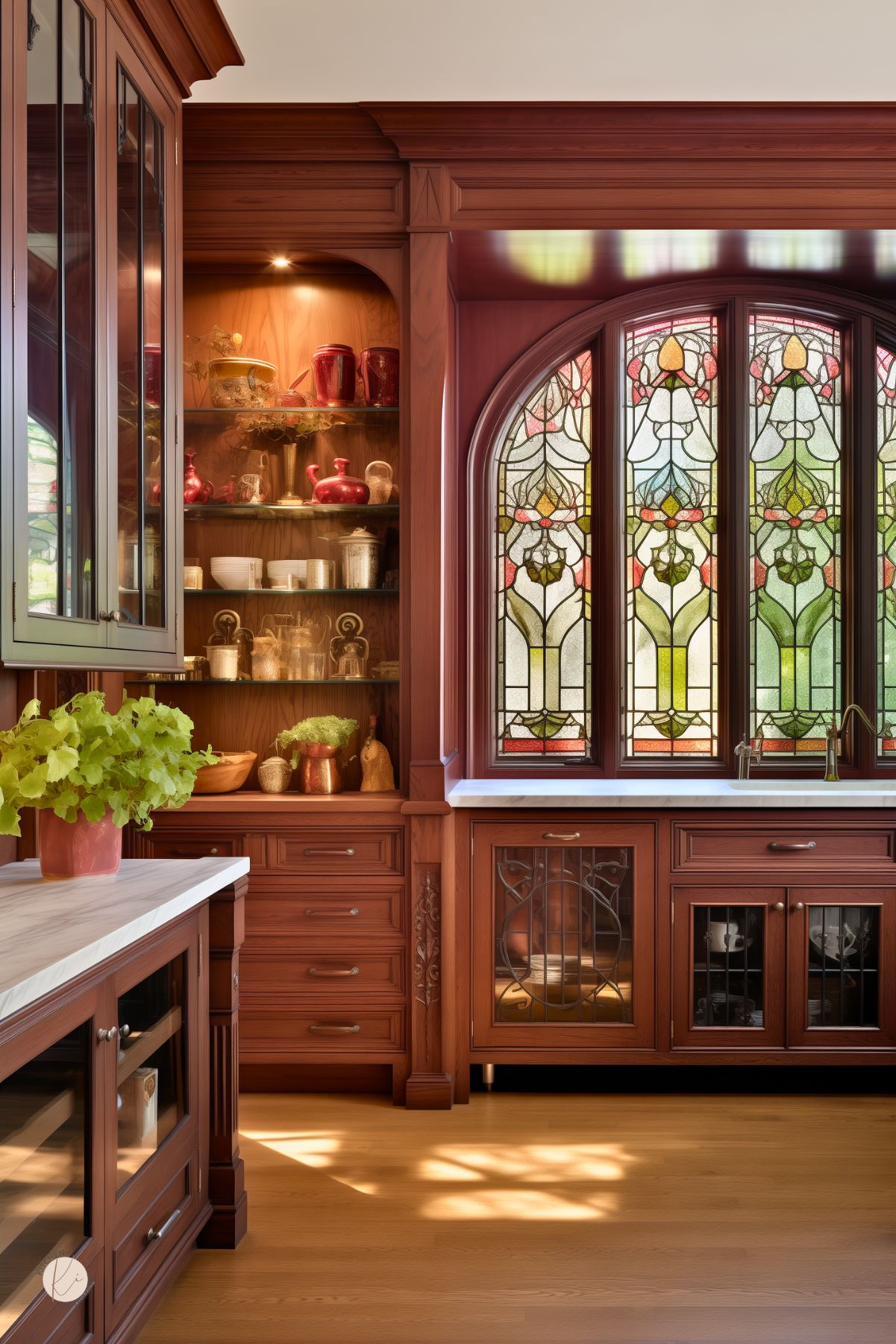 Warm kitchen with rich mahogany cabinetry and stained glass windows. The cabinetry features built-in lighting that highlights an array of decorative red pottery. The elegant stained glass adds vibrant color and intricate patterns, enhancing the room's historical charm.