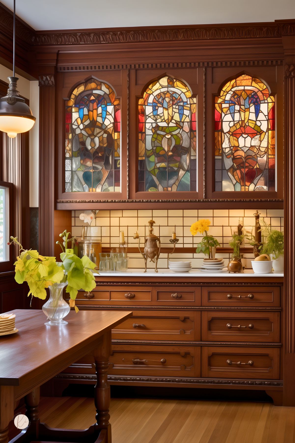 Warm and inviting kitchen featuring rich wooden cabinetry and an ornate tile backsplash. Above, three large stained glass windows add vibrant color and artistic flair. The kitchen includes a spacious wooden countertop, under which traditional drawers and cupboards provide ample storage. Decorative elements like brass fixtures and fresh greenery on the countertop enhance the historical charm of the space.