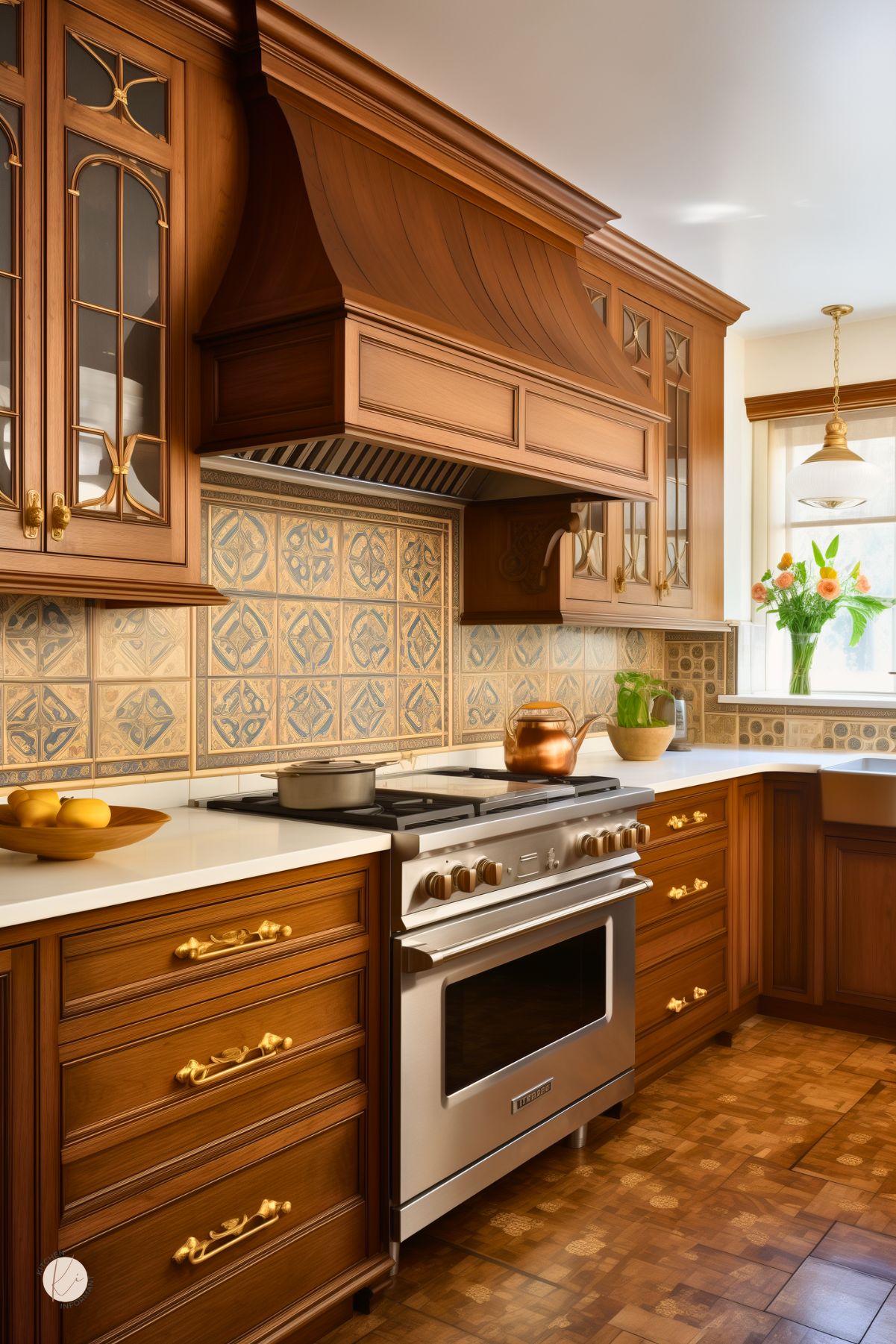 Traditional kitchen with rich walnut cabinetry featuring gold hardware. The intricate woodwork includes a hood above the stove with a matching backsplash that showcases patterned blue and gold tiles. A modern stainless steel range contrasts with the classic design elements. Natural light from the window illuminates a vase of fresh flowers, enhancing the warm, inviting atmosphere.