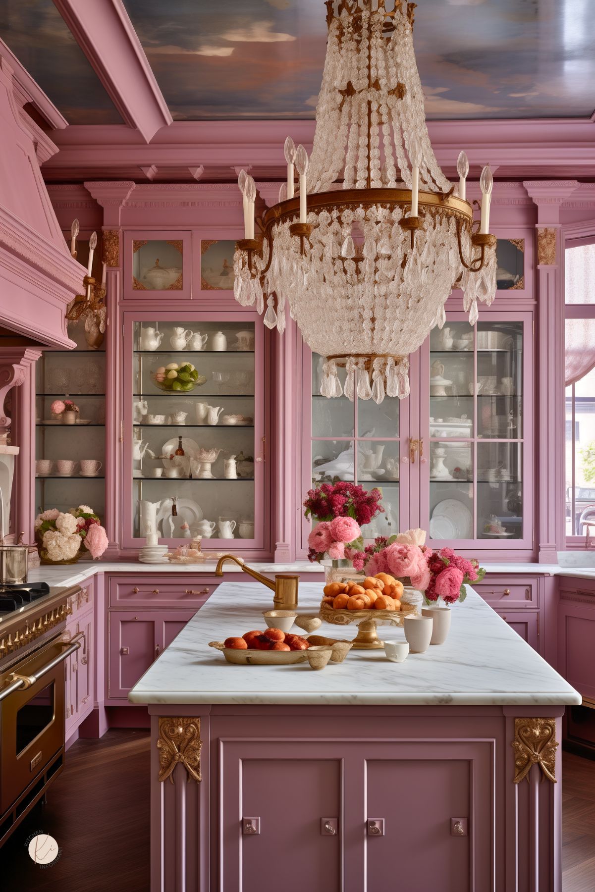 Elegant pink kitchen featuring detailed cabinetry and an ornate chandelier. The space is accented with gold hardware and includes a marble-topped island, surrounded by vibrant pink flowers and fine china. A painted ceiling adds a dramatic touch, enhancing the room's vintage charm.