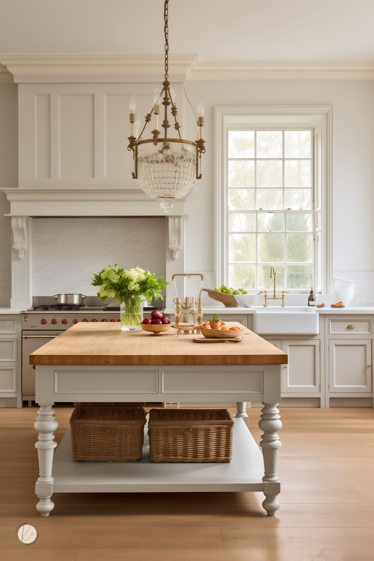 Bright and airy kitchen with white cabinetry and a central wooden island featuring an under-shelf for wicker storage baskets. An elegant glass chandelier hangs overhead, and natural light streams in from a large window, highlighting the clean, classic design. Fresh greenery and neatly arranged food items on the island.