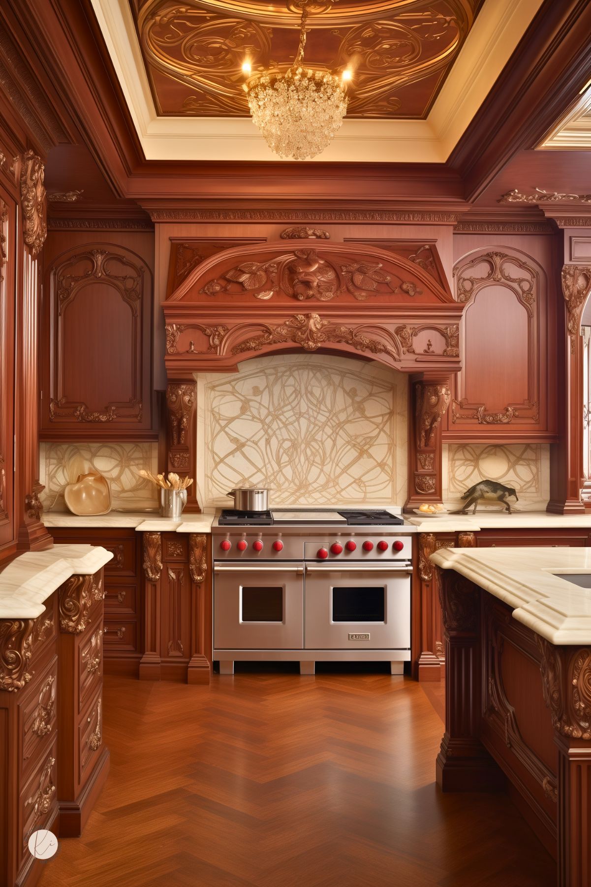 Opulent Victorian-style kitchen featuring rich mahogany cabinetry with intricate carvings and a coordinating hood above a modern stainless steel range. The kitchen includes a luxurious marble backsplash with an elaborate design, complemented by a majestic chandelier and an ornately decorated coffered ceiling.