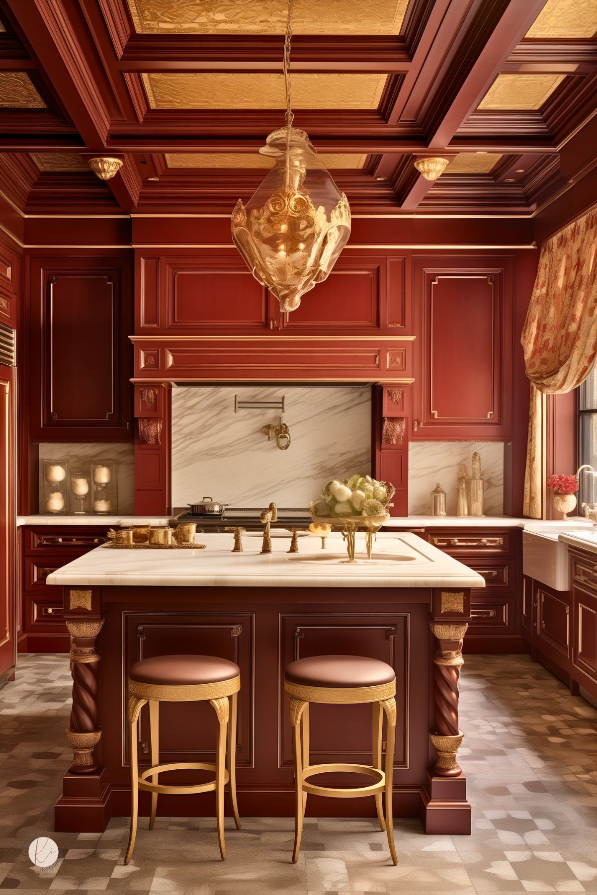 A Victorian-inspired kitchen features burgundy cabinets and a coffered ceiling. A central island with a white marble countertop is accented by gold-accented stools, cabinet handles, and decor items. A grand glass chandelier and a patterned floor complete the opulent look.