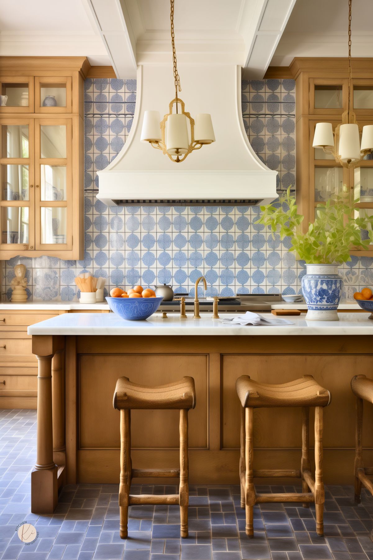 Charming Victorian style kitchen with natural wood cabinetry and a blue patterned tile backsplash. A white marble countertop island with unique wooden stools, gold fixtures and a chandelier. Matching blue tiled floor.