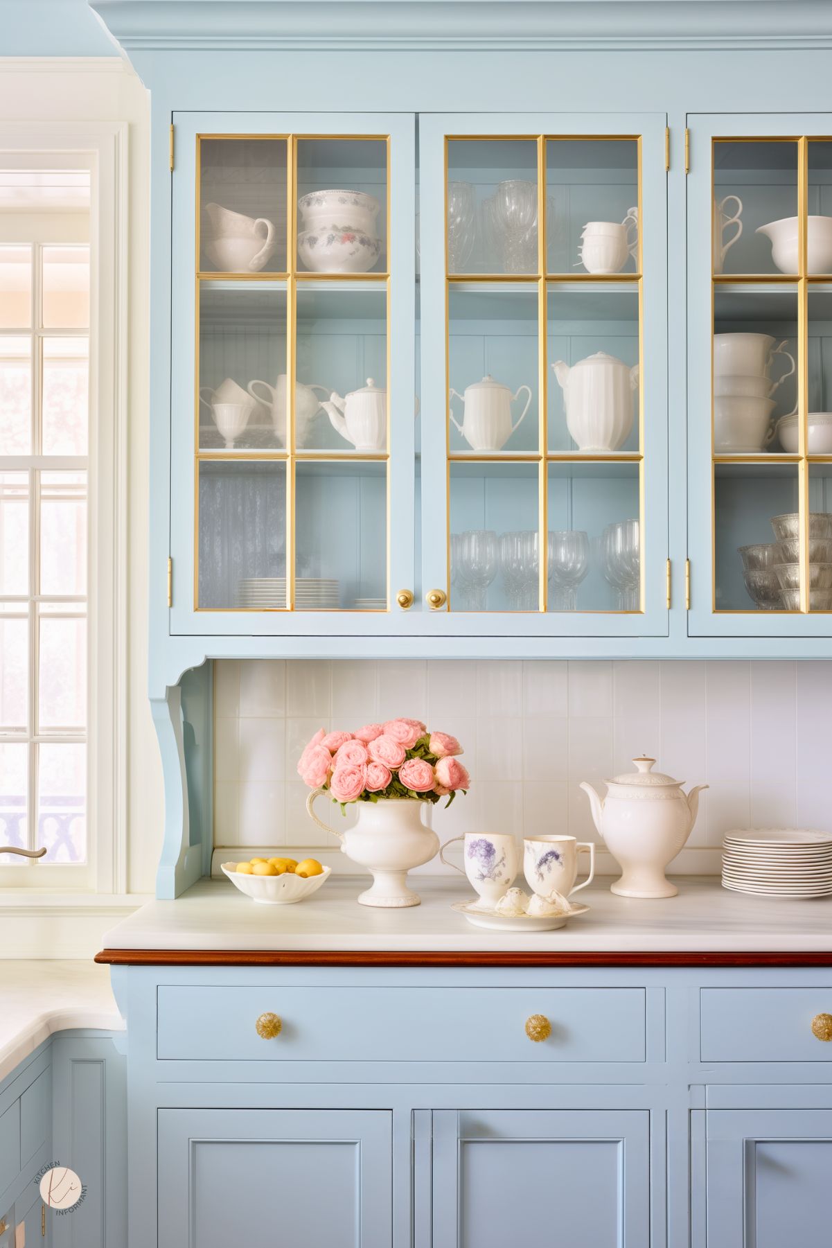 Cheerful kitchen with light blue cabinetry featuring gold trim and glass-front upper cabinets displaying white and blue porcelain dishware. The counter showcases a white vase filled with pink roses and a classic white teapot set, creating a charming and inviting atmosphere. The room is bathed in natural light from the adjacent window, enhancing the serene blue tones.