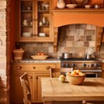 A rustic Mediterranean-inspired kitchen with warm oak cabinetry, terracotta walls, and a stone tile backsplash. The space features a cozy dining area with a wooden table and woven-seated chairs, while a built-in range is framed by a decorative wooden hood. Wicker baskets, ceramic pottery, and fresh oranges add natural texture and warmth, complementing the earthy color palette.