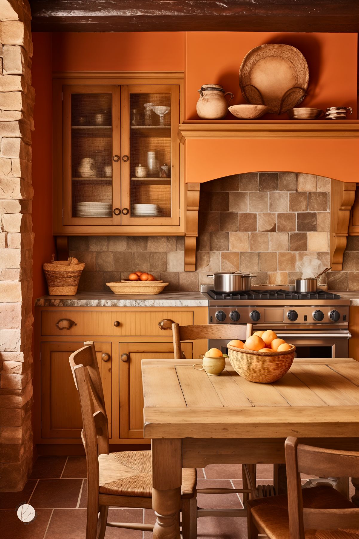 A rustic Mediterranean-inspired kitchen with warm oak cabinetry, terracotta walls, and a stone tile backsplash. The space features a cozy dining area with a wooden table and woven-seated chairs, while a built-in range is framed by a decorative wooden hood. Wicker baskets, ceramic pottery, and fresh oranges add natural texture and warmth, complementing the earthy color palette.