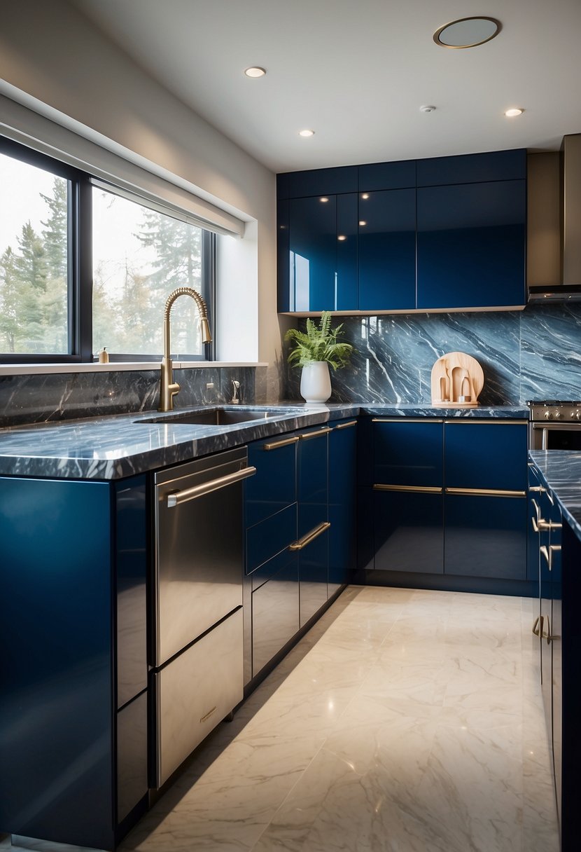 A sleek, modern kitchen with sapphire blue cabinets and countertops. Stainless steel appliances and marble backsplash add durability and luxury