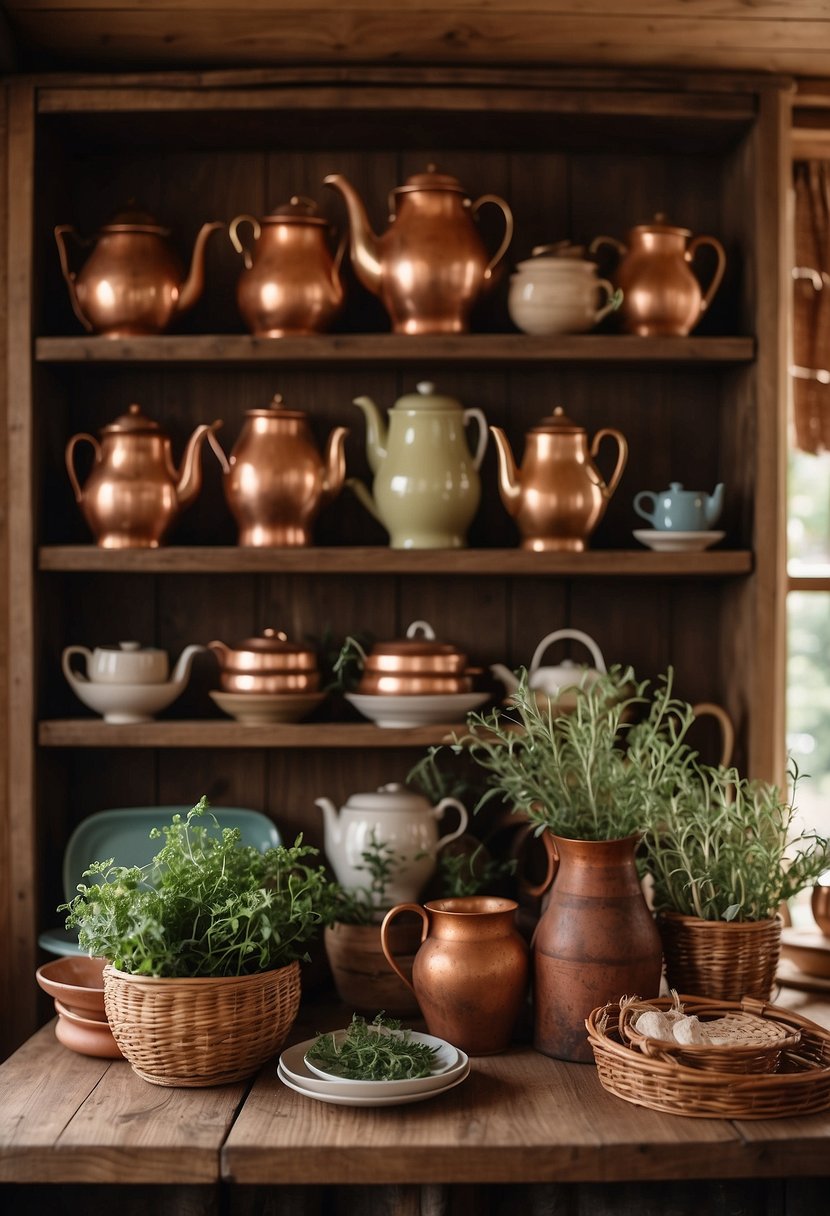 A rustic wooden table adorned with vintage teapots, floral patterned plates, and woven baskets filled with fresh produce. A cozy kitchen corner with hanging copper pots and dried herbs completes the cottagecore aesthetic