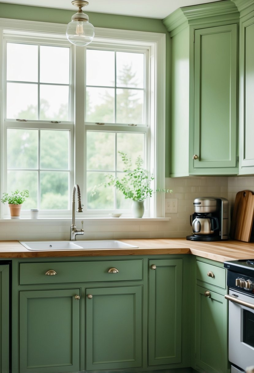 Soft natural light filters through a window onto sage green kitchen cabinets