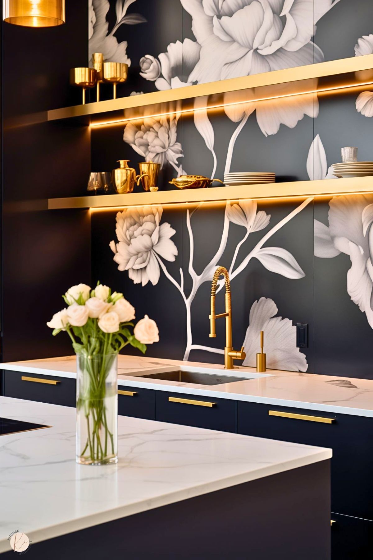 A luxurious kitchen with a bold black and white floral mural, gold accents, and underlit floating shelves. Dark cabinetry, a marble countertop, and a gold faucet create a dramatic yet elegant design.