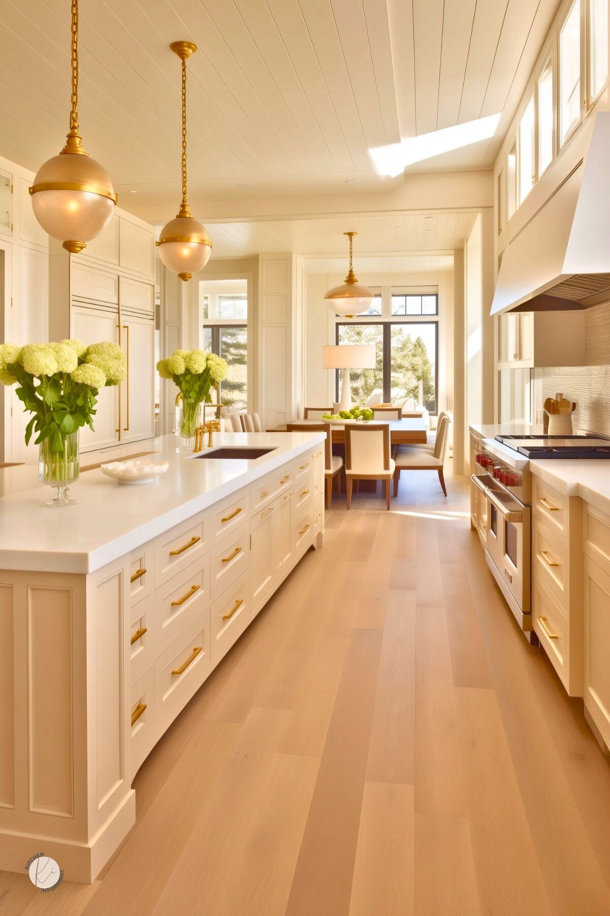 A bright and airy cream-colored kitchen with a long central island featuring gold hardware, a white quartz countertop, and a built-in sink with a gold faucet. Large windows and skylights flood the space with natural light, highlighting the soft wood flooring and paneled ceiling. Elegant globe pendant lights with gold accents hang above the island, while fresh hydrangea arrangements add a touch of greenery. A dining area with upholstered chairs and a wood table seamlessly extends the open-concept space.