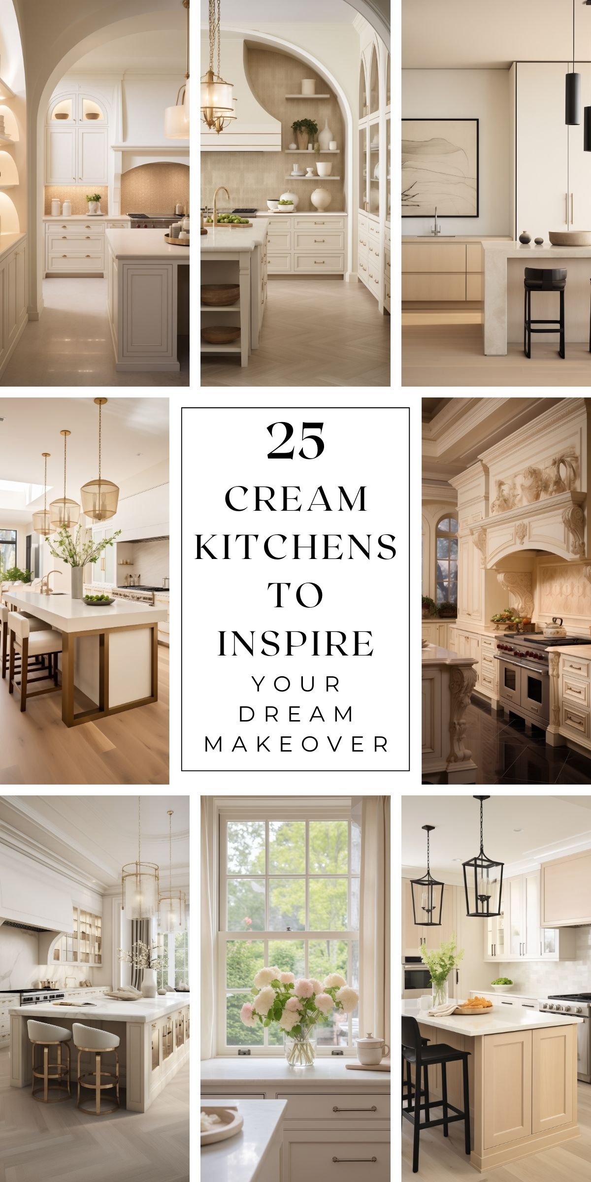 A stylish collage featuring a collection of elegant cream-colored kitchens, showcasing a mix of classic, modern, and luxurious designs. The center text reads "25 Cream Kitchens to Inspire Your Dream Makeover," surrounded by beautifully curated kitchen spaces with arched entryways, gold accents, marble countertops, and statement lighting. Each image highlights different elements of cream kitchen aesthetics, from cozy and minimal to grand and ornate.