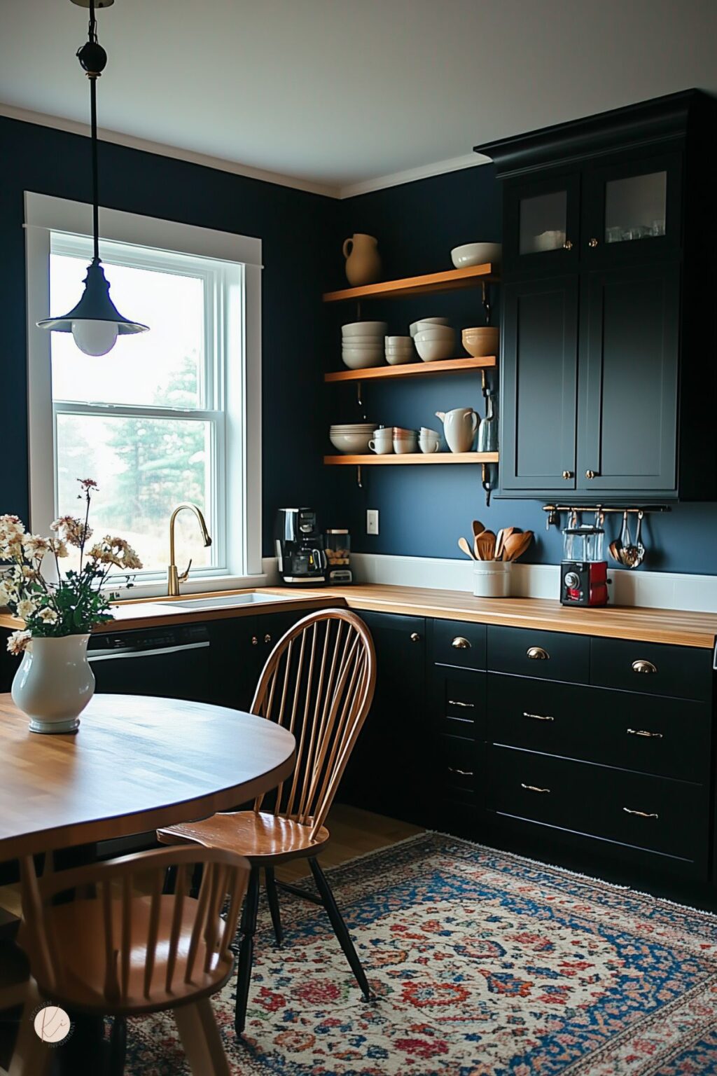 Matte black cabinets and wood countertops