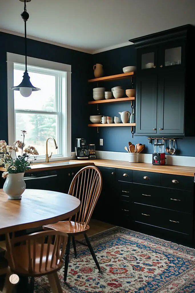 A cozy farmhouse kitchen with black cabinetry, warm wood countertops, and deep navy walls. Open wooden shelves hold neatly arranged neutral-toned dishware, while brass hardware and a vintage-inspired pendant light add classic charm. A wooden dining table with spindle-back chairs sits atop a patterned rug, creating an inviting space. Natural light from a large window highlights the timeless and rustic elegance of the room.