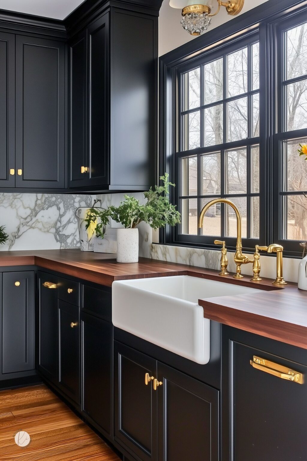Matte black cabinets and wood countertops
