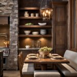 Rustic kitchen nook with dark wood cabinetry, stone accent wall, and open shelving displaying neutral dishware. A live-edge wooden dining table is surrounded by cushioned bench seating and wooden chairs, set for six. Warm lighting and a metal chandelier add cozy ambiance. Ideal for farmhouse kitchen design and rustic home decor inspiration.