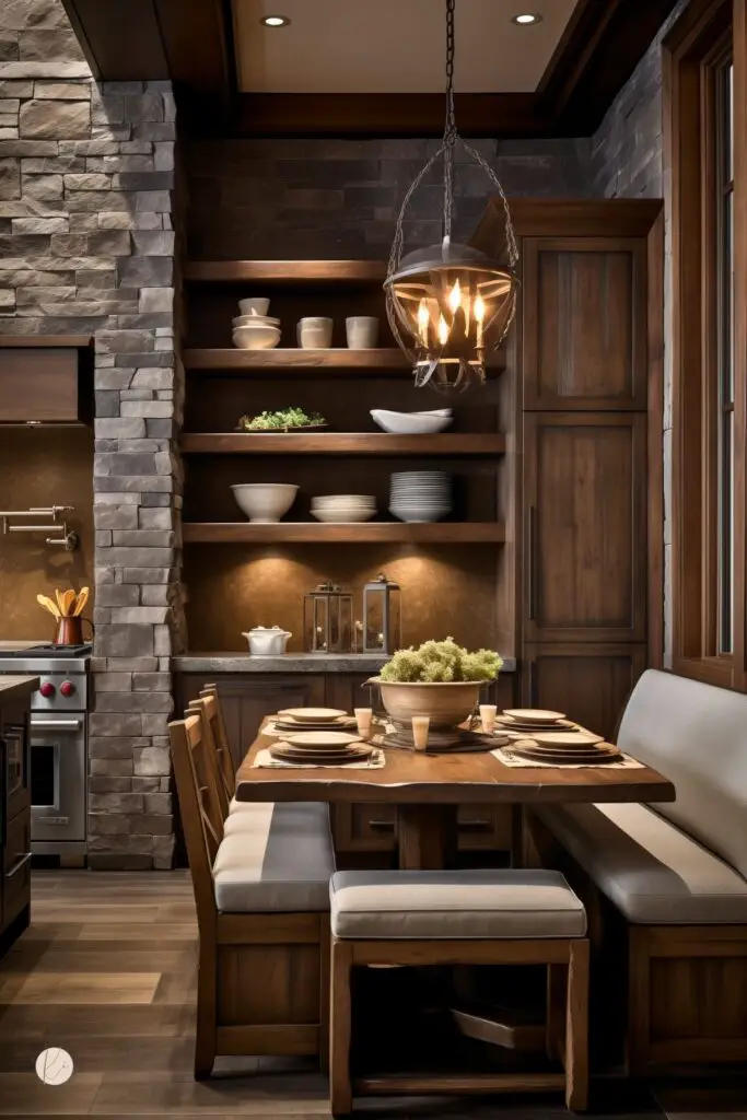 Rustic kitchen nook with dark wood cabinetry, stone accent wall, and open shelving displaying neutral dishware. A live-edge wooden dining table is surrounded by cushioned bench seating and wooden chairs, set for six. Warm lighting and a metal chandelier add cozy ambiance. Ideal for farmhouse kitchen design and rustic home decor inspiration.
