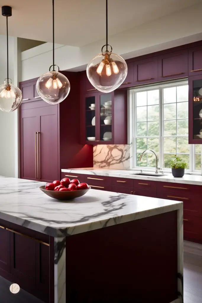 Elegant kitchen featuring deep burgundy cabinetry with gold hardware, a luxurious waterfall marble countertop island, and a matching marble backsplash. Clear glass globe pendant lights hang above, illuminating a bowl of bright red apples. Large windows provide natural lighting and a garden view.