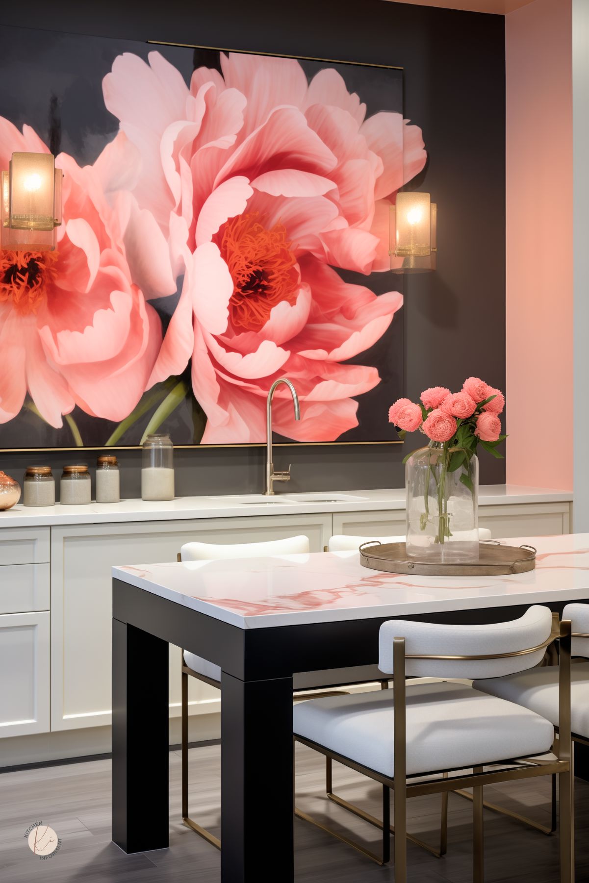 A modern kitchen featuring a striking pink peony mural, a black and white island with a pink marble-inspired top, gold-framed chairs with white cushions, and soft wall lighting. A vase of pink flowers adds a cohesive touch.