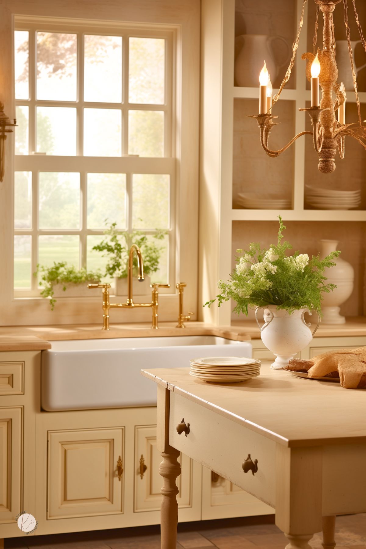 A charming cream kitchen with a farmhouse sink, gold faucet, and rustic wood countertops. A vintage chandelier adds warmth, while fresh greenery and open shelving enhance the cozy atmosphere.