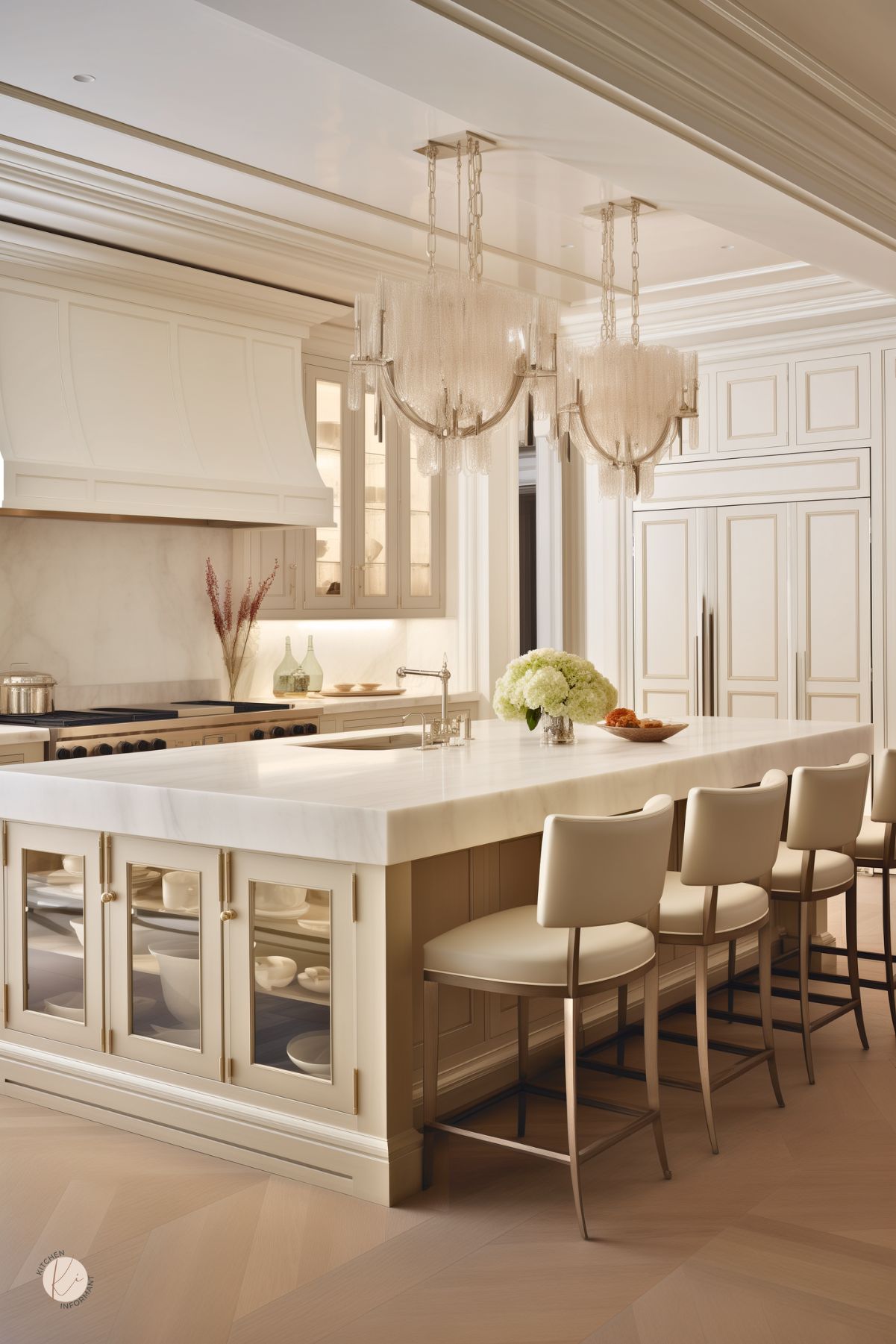 A luxurious cream-colored kitchen with a grand marble island featuring glass-front cabinetry and elegant gold hardware. Plush cream barstools with metal legs line the island, while two stunning tiered chandeliers add a touch of opulence. The custom range hood blends seamlessly with the cabinetry, and soft under-cabinet lighting highlights the marble backsplash. Paneled built-in appliances maintain a seamless, sophisticated look.