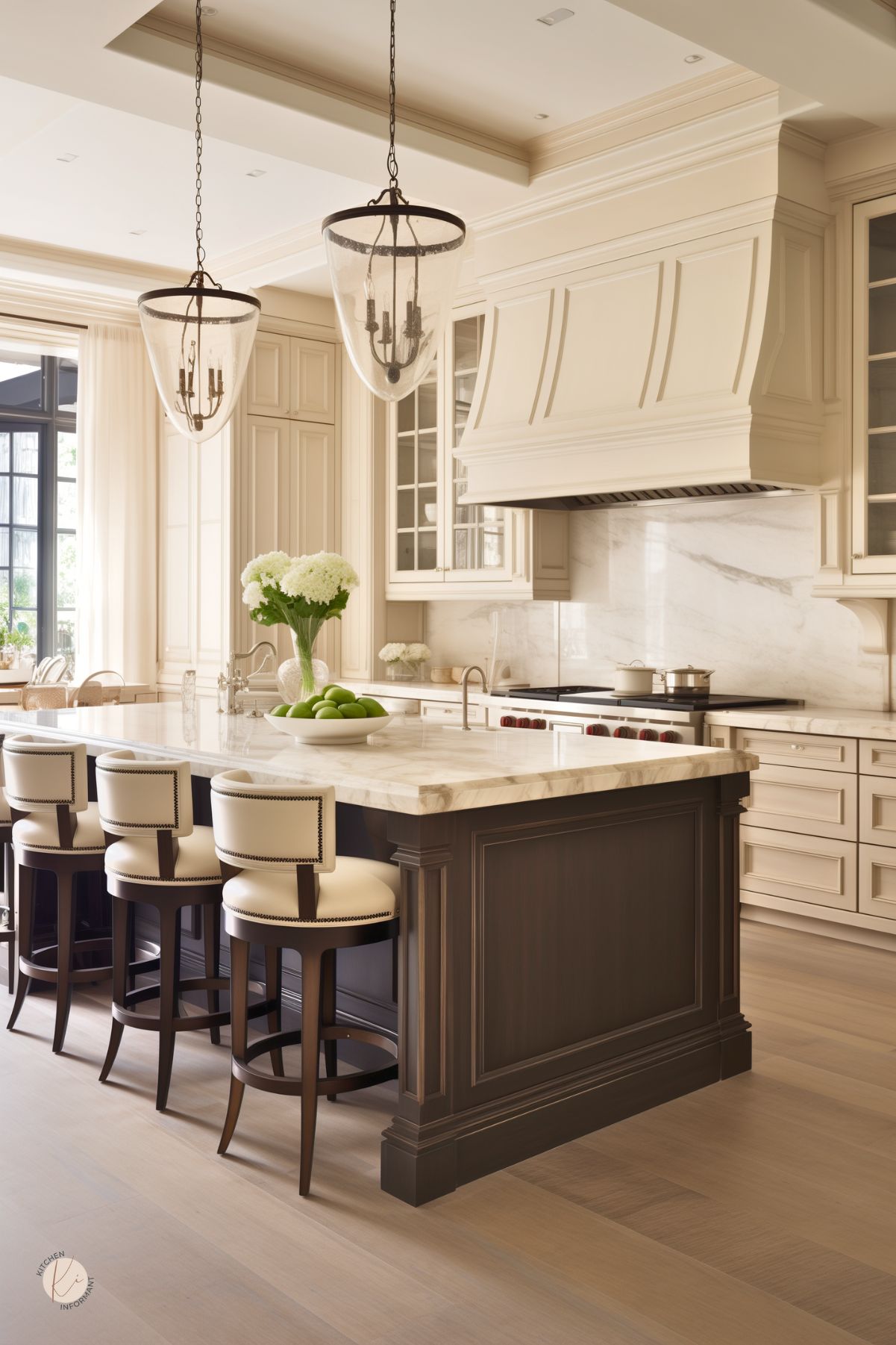 A sophisticated cream kitchen with a dark wood island, marble countertops, and elegant glass pendant lights. Upholstered barstools add comfort, while large windows bring in natural light.