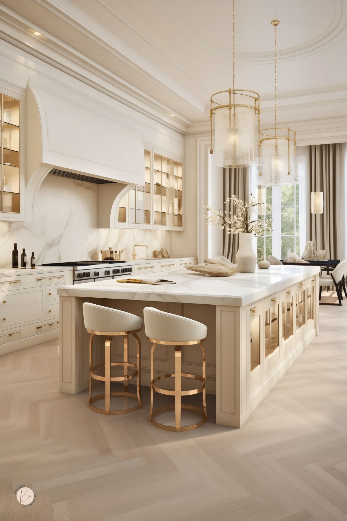 A luxurious cream kitchen with gold accents, a marble island, and glass-paneled cabinetry. Plush barstools with gold bases sit beneath elegant pendant lights, while tall windows with drapes bring in natural light.