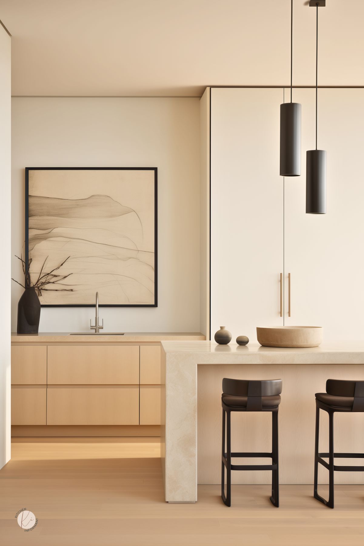 A minimalist cream kitchen with sleek cabinetry, a stone island, and black barstools. Black pendant lights and abstract artwork add contrast, while natural wood tones create warmth.