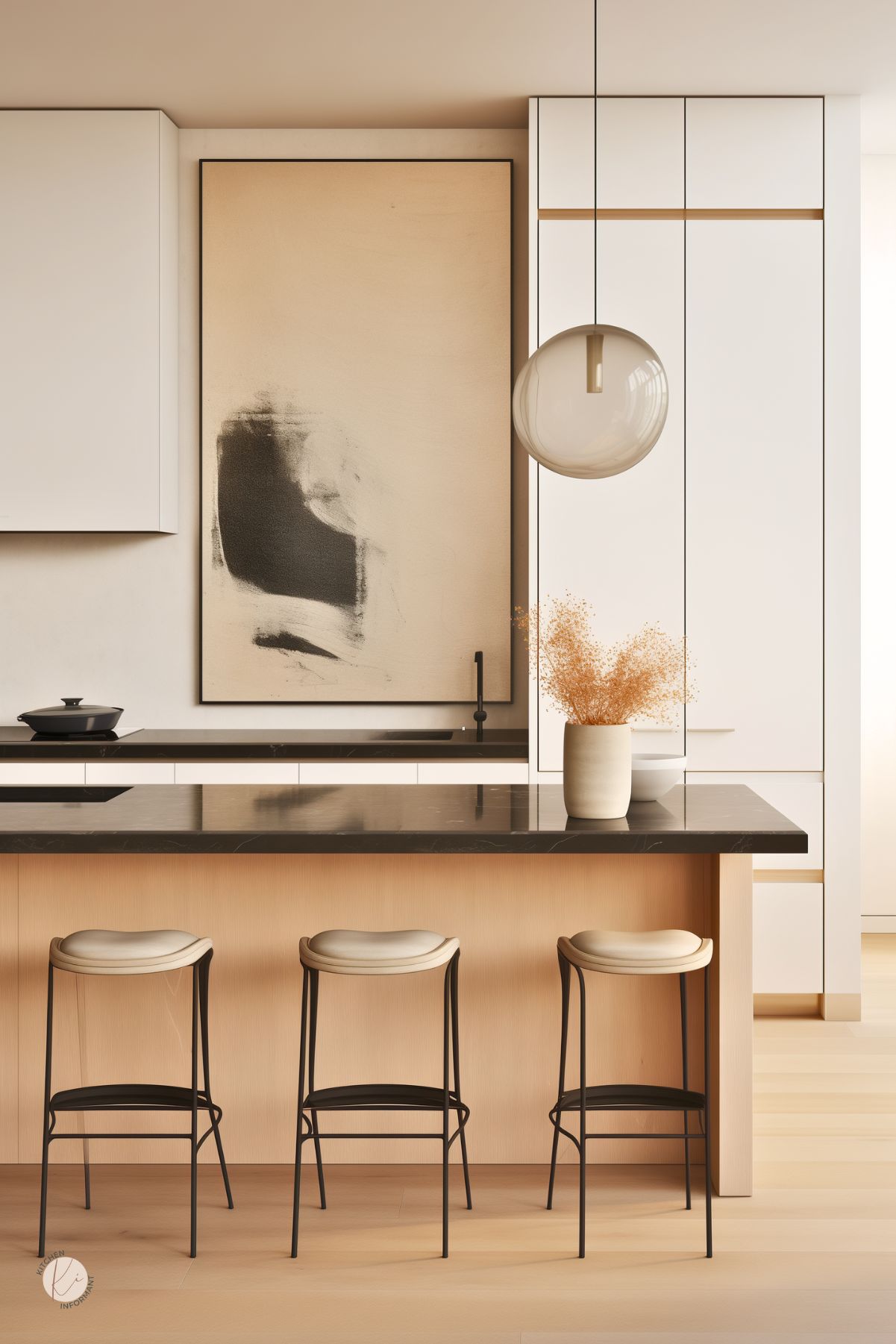 A modern cream kitchen featuring a black stone island with light wood paneling, sleek cabinetry, and minimalist barstools. A bold abstract painting and a glass pendant light add depth, while dried florals bring warmth.