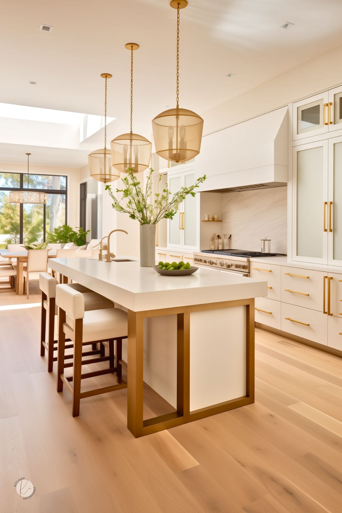 A modern cream kitchen with gold accents, a sleek island, and elegant pendant lighting. Light wood floors and large windows create an airy feel, while a cozy dining nook adds warmth.