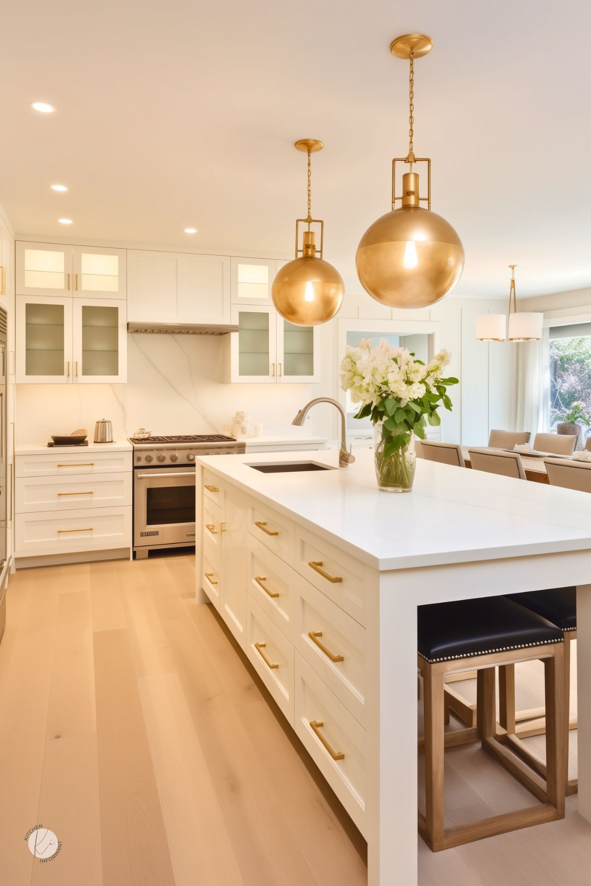 A bright and modern cream kitchen with sleek shaker-style cabinetry, gold hardware, and a spacious white quartz island. Two oversized gold pendant lights add warmth and elegance, while black leather barstools with wooden frames tuck neatly under the island. The marble backsplash features subtle veining, complementing the stainless steel range hood and appliances. A vase of fresh white flowers adds a natural touch to the inviting space.