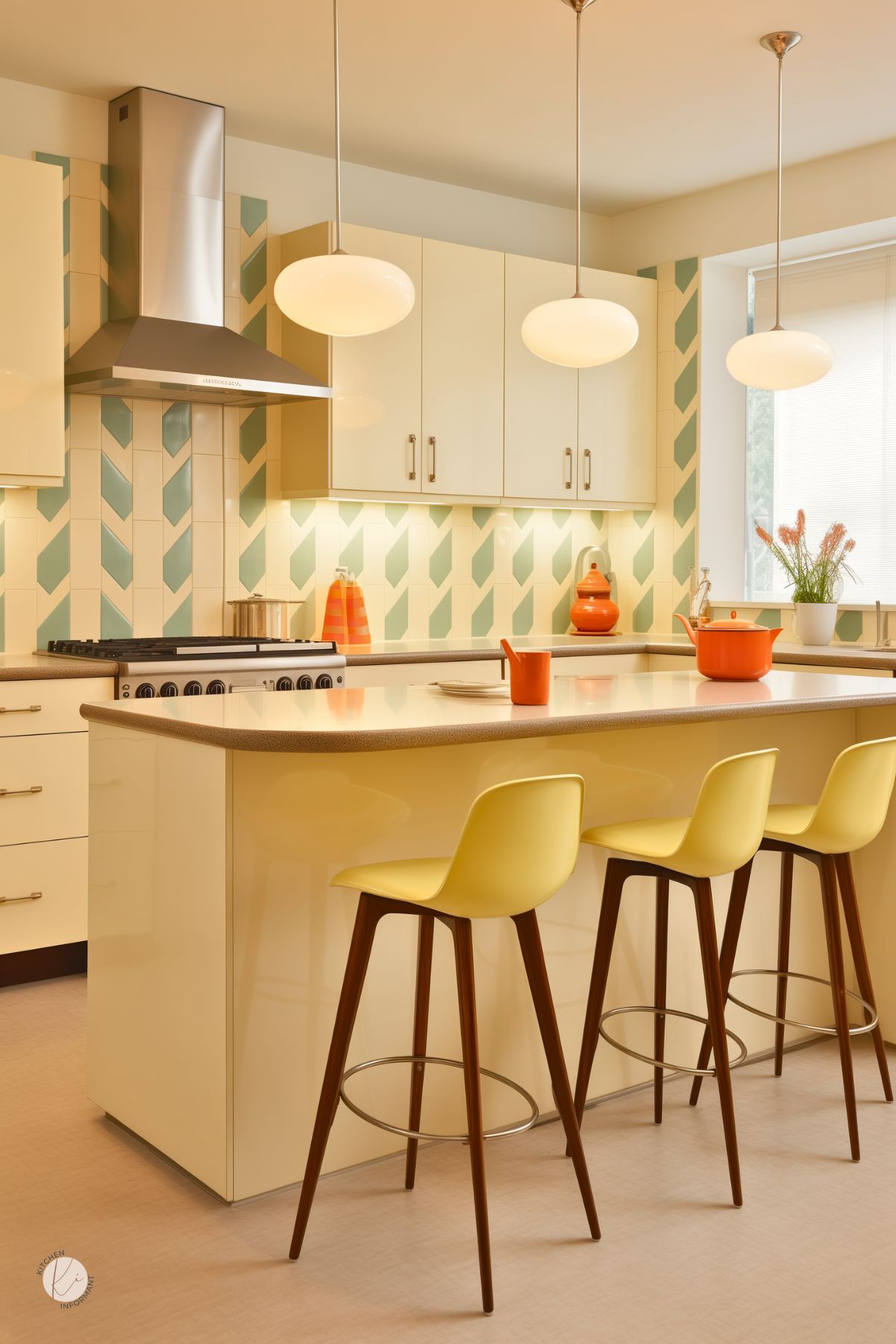 A modern cream-colored kitchen with a retro-inspired design. The space features glossy cream cabinetry with sleek silver handles, a matching island with a smooth countertop, and three yellow barstools with wooden legs. The backsplash showcases a geometric pattern in cream and muted green. Stainless steel appliances, including a range hood, complement the design. Warm lighting from globe pendant lights enhances the inviting ambiance, with pops of orange decor adding contrast.