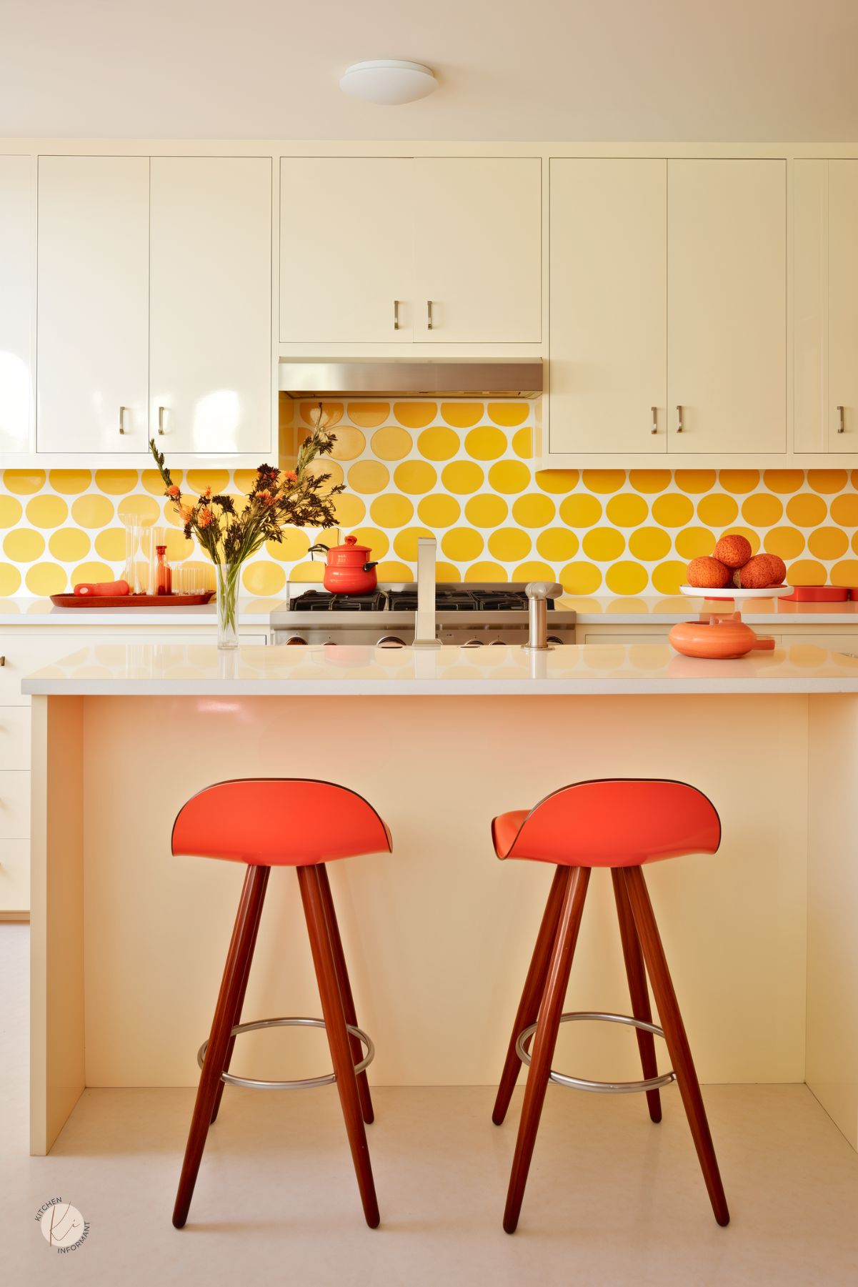 A vibrant retro-inspired cream kitchen with glossy cabinetry, a bold yellow polka dot backsplash, and playful pops of red. The sleek white island features two modern red barstools with wooden legs, adding a striking contrast. Stainless steel appliances and a minimalist range hood keep the look clean and contemporary. Decorative red accents, including cookware and fresh oranges, enhance the cheerful, mid-century aesthetic.