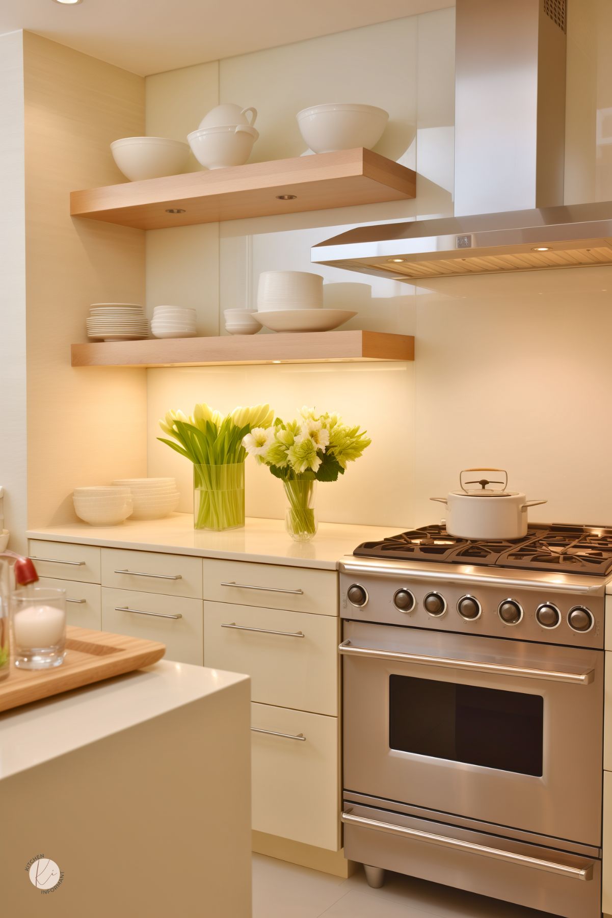 A sleek and modern cream kitchen featuring minimalist cabinetry with stainless steel handles, floating wooden shelves, and a stainless steel gas range with a vent hood. The open shelves display neatly stacked white dishware, while under-cabinet lighting adds warmth. A vase of fresh green tulips and white flowers brighten the space, creating a clean and inviting atmosphere with a touch of natural elegance.