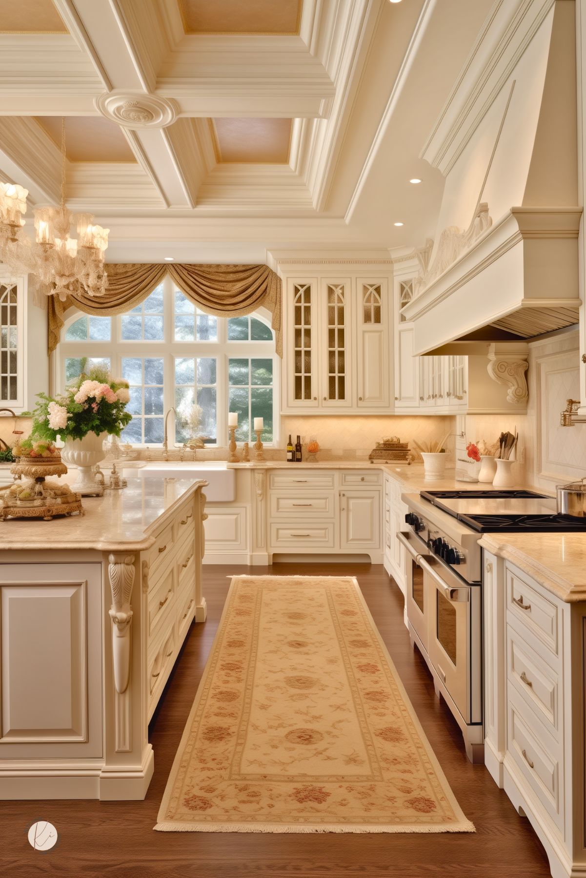 An opulent cream-colored kitchen with intricate molding, ornate cabinetry, and a grand coffered ceiling. The space features a large farmhouse sink beneath a picturesque window with draped valances, allowing natural light to enhance the warm tones. A long, vintage-style runner adds elegance to the rich wood flooring, while crystal chandeliers provide a soft glow. The detailed range hood and carved island legs complete the luxurious, classical design.