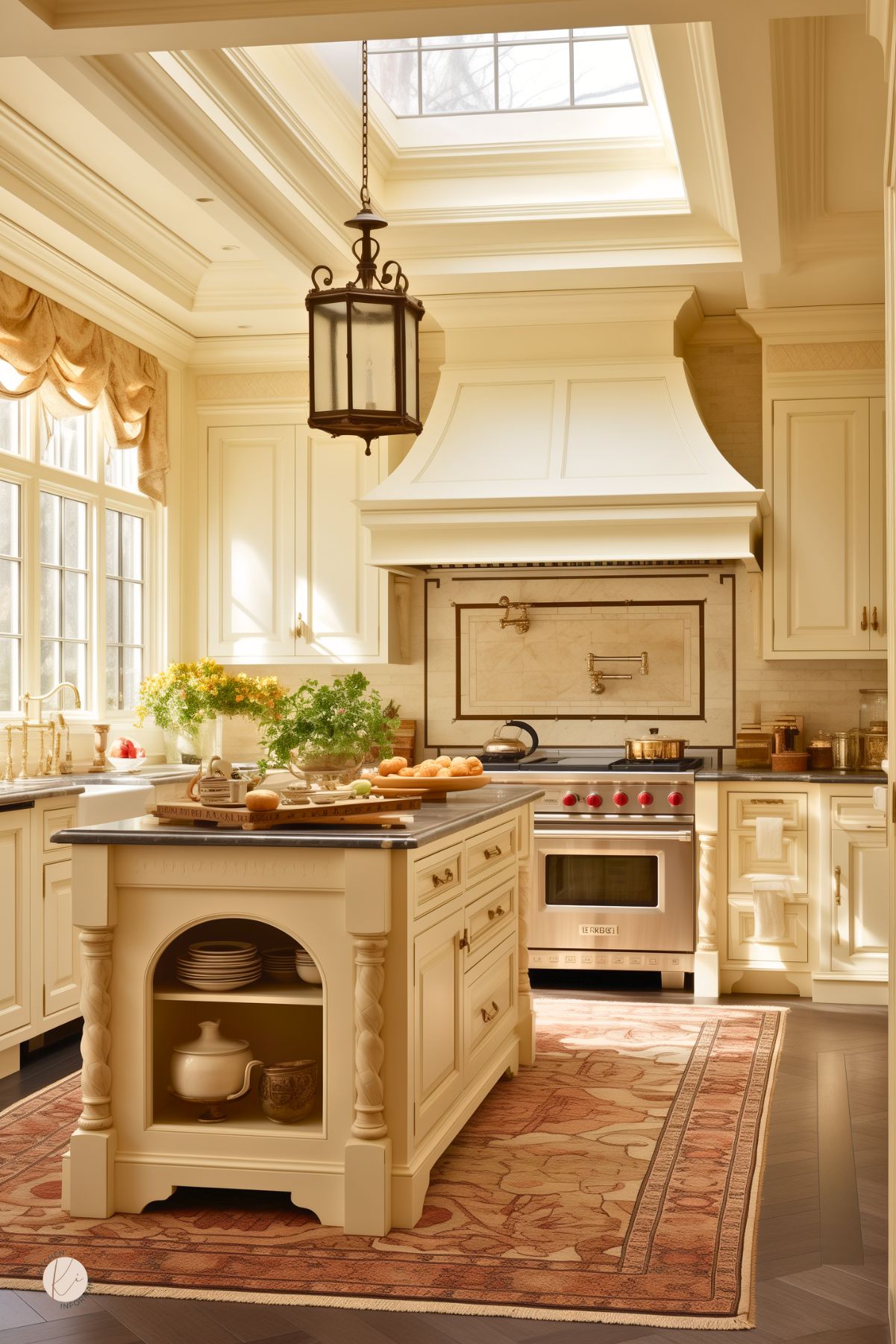 A classic cream-colored kitchen with intricate detailing, a large custom range hood, and a central island with carved wooden accents. The space is illuminated by a skylight and an elegant lantern-style pendant light. A patterned area rug adds warmth to the dark wood flooring, while gold fixtures and vintage-inspired hardware enhance the timeless aesthetic. Fresh greenery and rustic decor create an inviting, old-world charm.