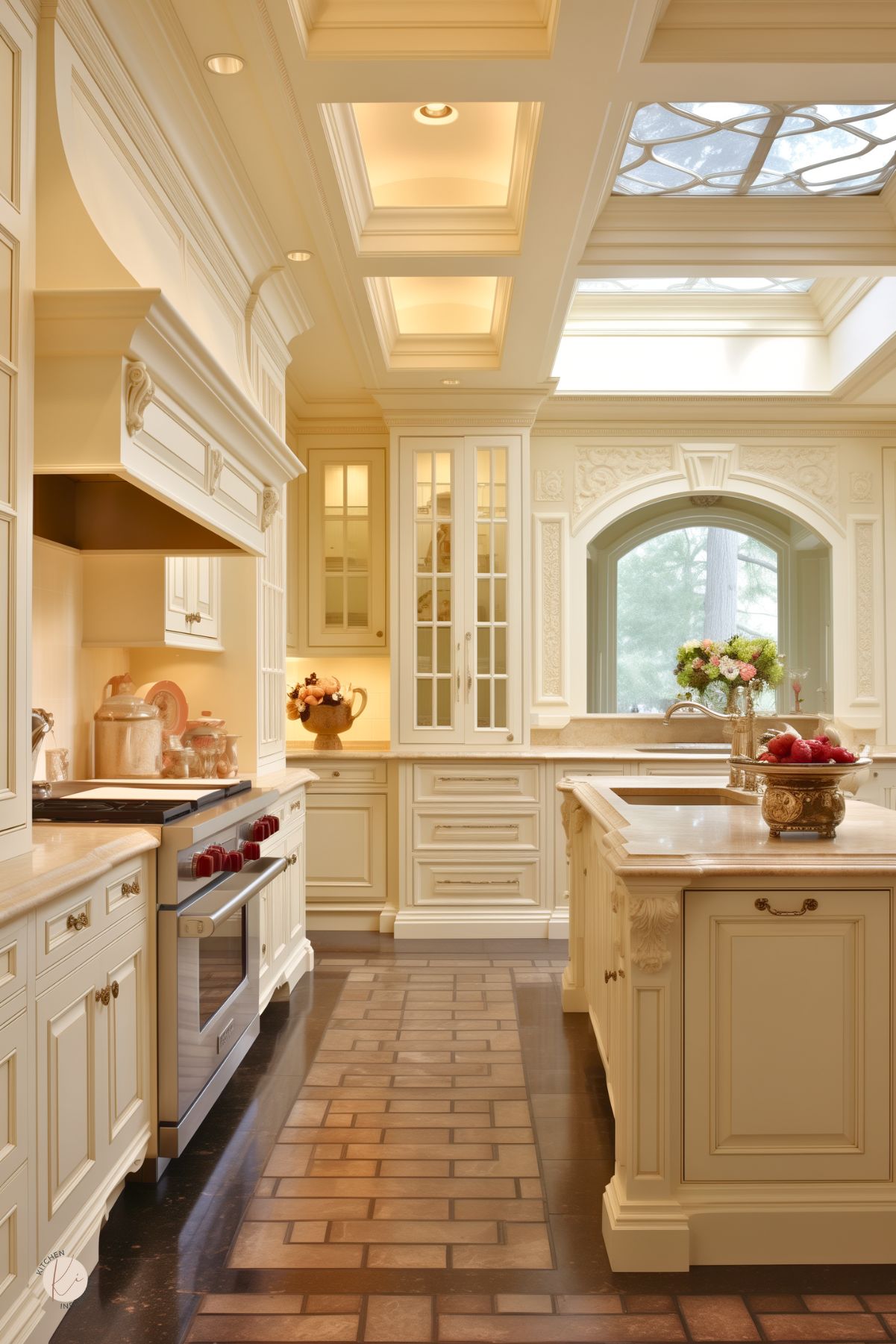 A luxurious cream-colored kitchen with ornate detailing, a grand coffered ceiling, and an arched window framed by intricate molding. The custom cabinetry features glass-paneled doors and elegant gold hardware, while the large island has carved corbels and a rich wood countertop. A skylight with decorative glasswork bathes the space in natural light, enhancing the warm tones. Soft lighting and vintage-inspired decor complete the sophisticated, classic design.







