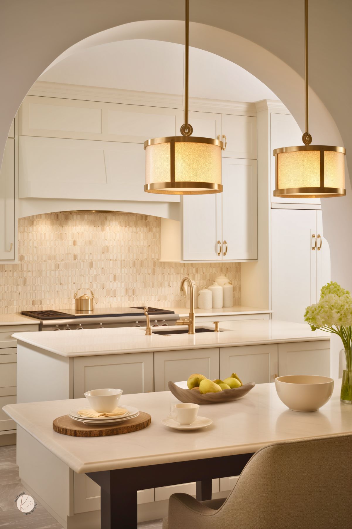 A warm and inviting cream-colored kitchen with an arched entryway framing the space. The kitchen features sleek cabinetry, a soft beige mosaic tile backsplash, and a large island with a built-in sink and gold fixtures. Two elegant gold pendant lights cast a cozy glow over the space. A small dining area with a marble-topped table and modern seating blends seamlessly with the design, accented by fresh green apples and a vase of white hydrangeas.