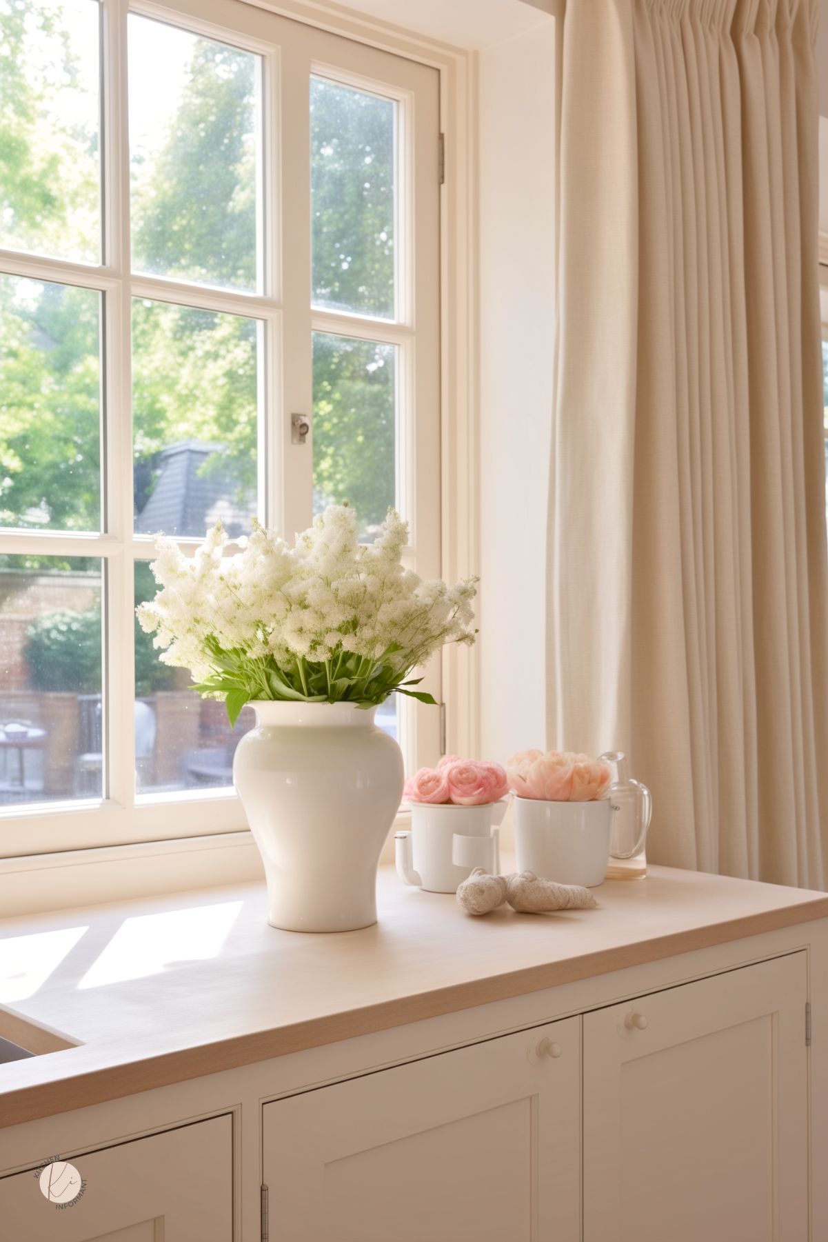 A serene and sunlit cream kitchen corner with a large window framed by soft beige curtains. A light wood countertop holds a white ceramic vase filled with delicate white flowers, accompanied by small cups with blush pink roses and a glass jar. The cabinetry below features simple knobs, enhancing the cozy and minimalist aesthetic. Natural light filters in, casting a warm glow and highlighting the peaceful ambiance.