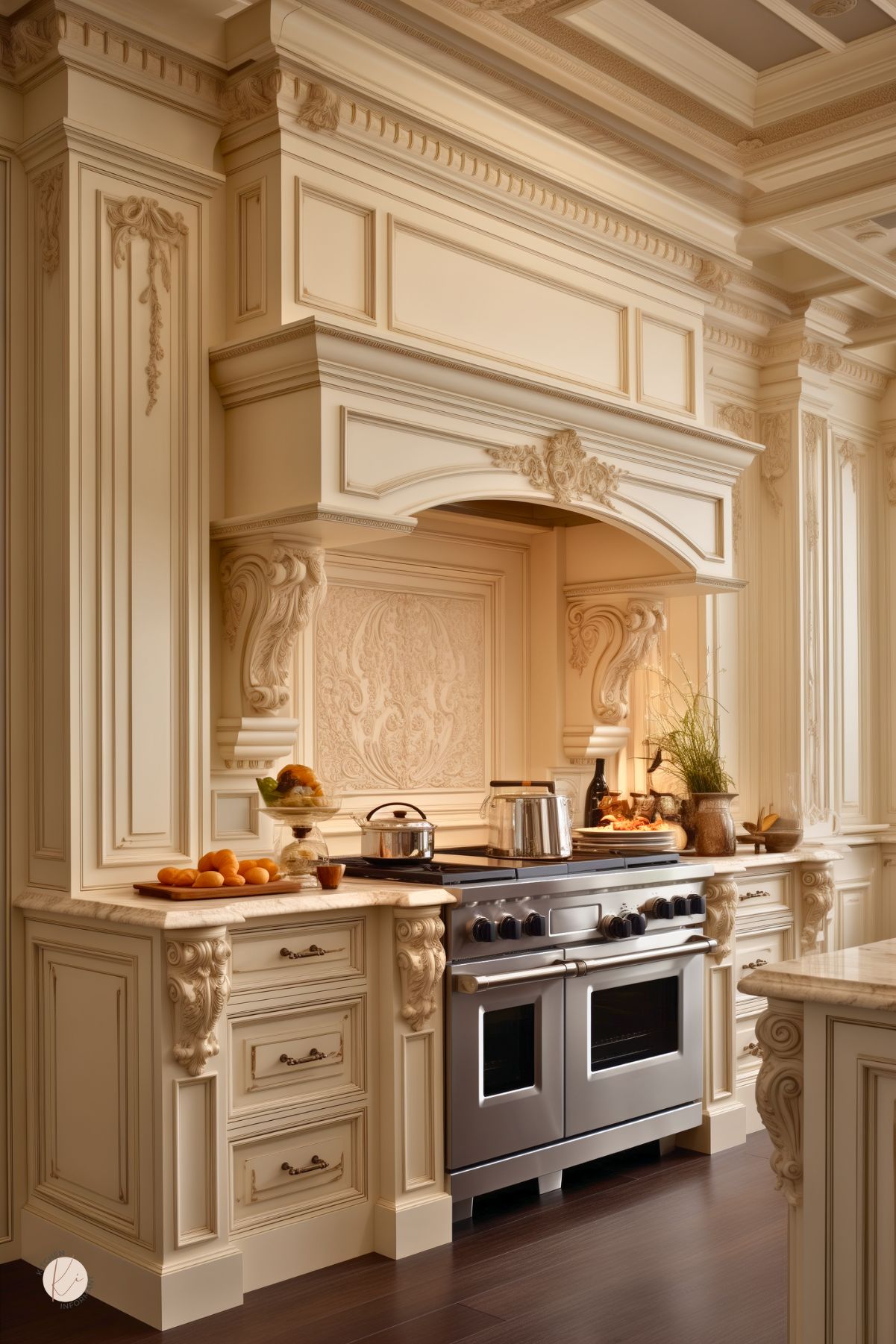 An opulent cream kitchen with intricate moldings, a grand range hood, and a professional stainless steel stove. Ornate corbels and carved details enhance the cabinetry, while marble countertops and warm lighting add elegance.