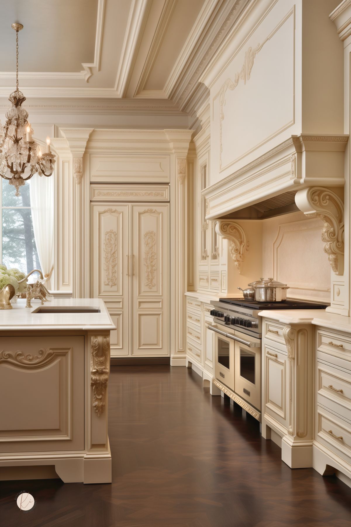 A lavish cream-colored kitchen with intricate detailing, ornate cabinetry, and elegant molding. The space features a grand range hood with carved embellishments, a paneled refrigerator with gold-accented floral designs, and a large island with sculpted corbels and a marble countertop. A crystal chandelier adds a touch of opulence, while dark wood flooring contrasts beautifully with the light cabinetry, creating a regal and sophisticated ambiance.