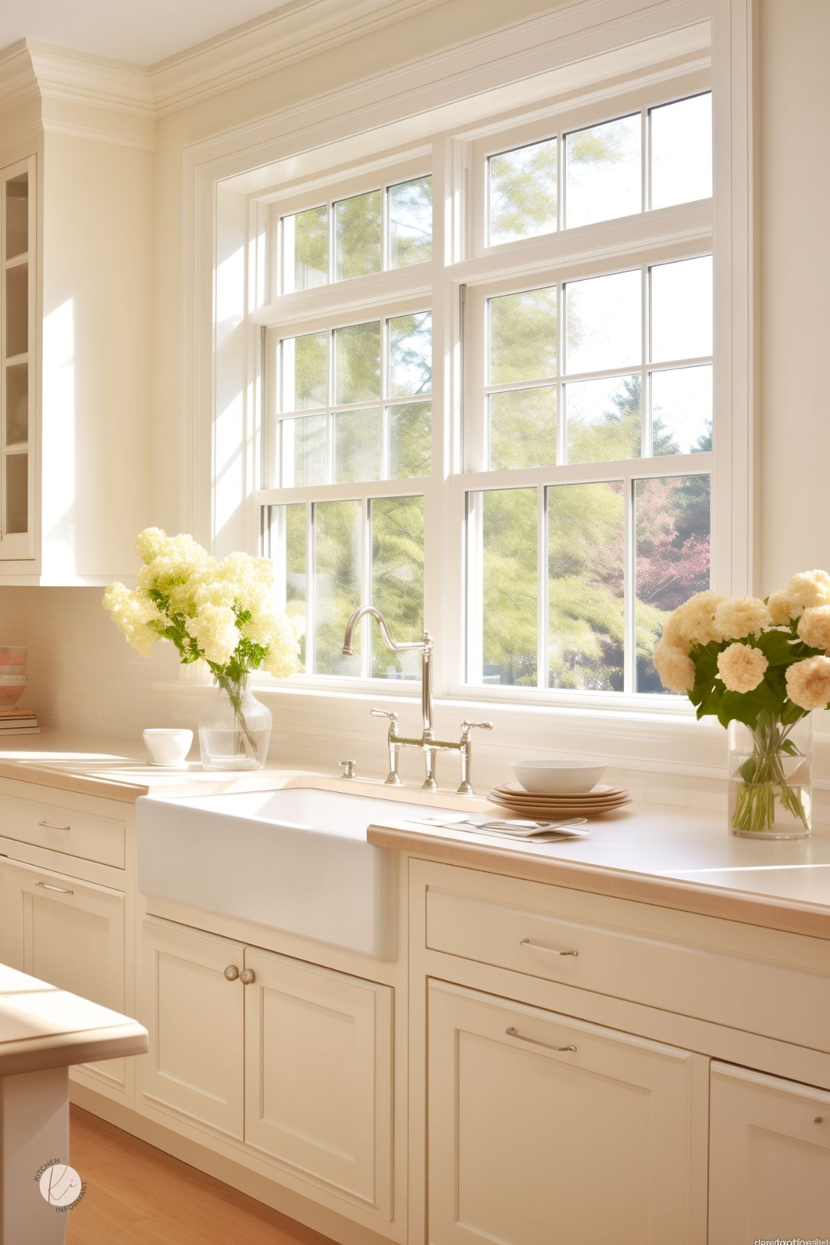 A bright cream kitchen with a farmhouse sink, polished chrome faucet, and natural wood countertops. Large windows let in sunlight, highlighting fresh white and yellow flowers in glass vases.