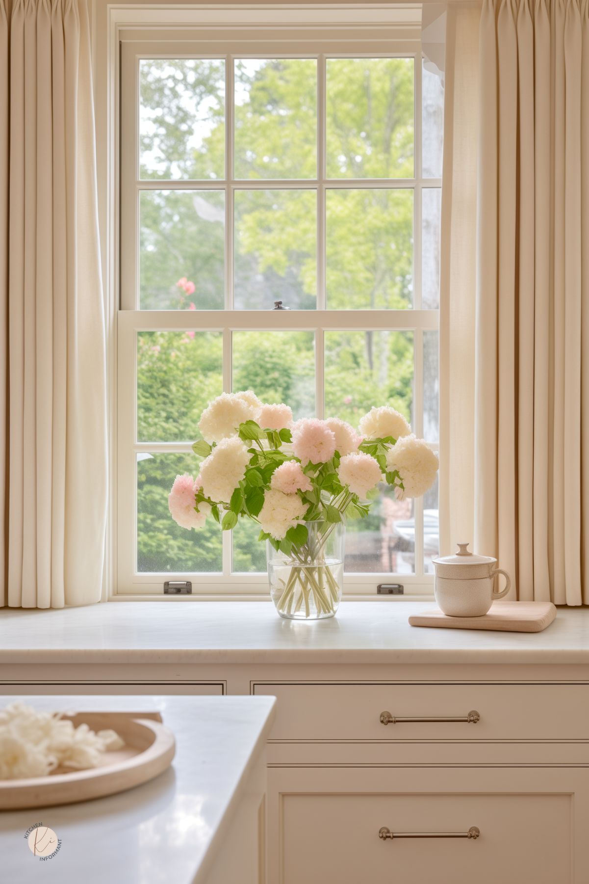 A cozy cream kitchen with a marble countertop, soft drapery, and a large window. A glass vase with pastel hydrangeas sits on the counter, adding a fresh, elegant touch.