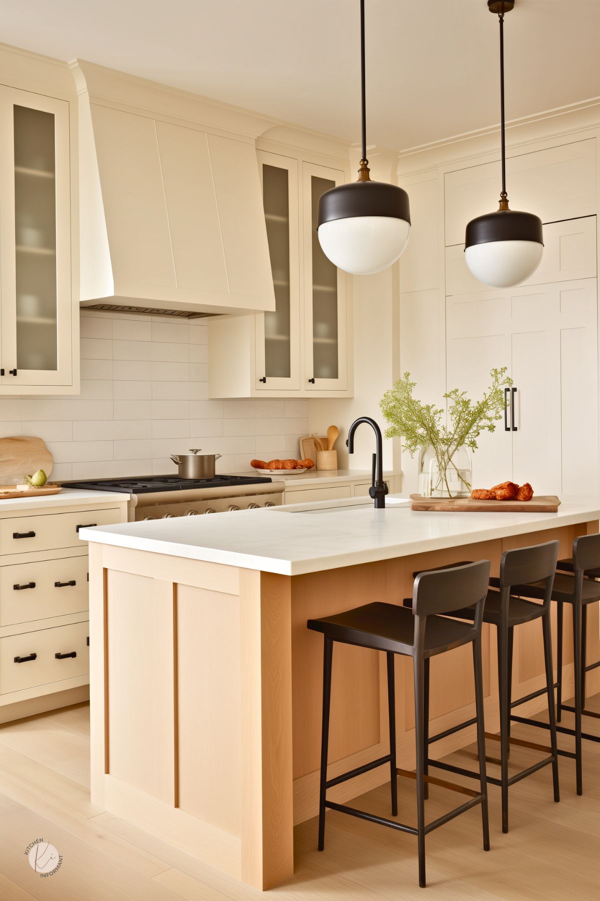 A modern cream-toned kitchen with a warm, natural wood island and sleek black accents. The space features cream cabinetry with frosted glass panels, a white subway tile backsplash, and a custom range hood that blends seamlessly into the design. The island has a marble countertop with a bold black faucet, complemented by black barstools and matching hardware. Globe pendant lights with black trim add a stylish contrast, enhancing the clean and sophisticated aesthetic.