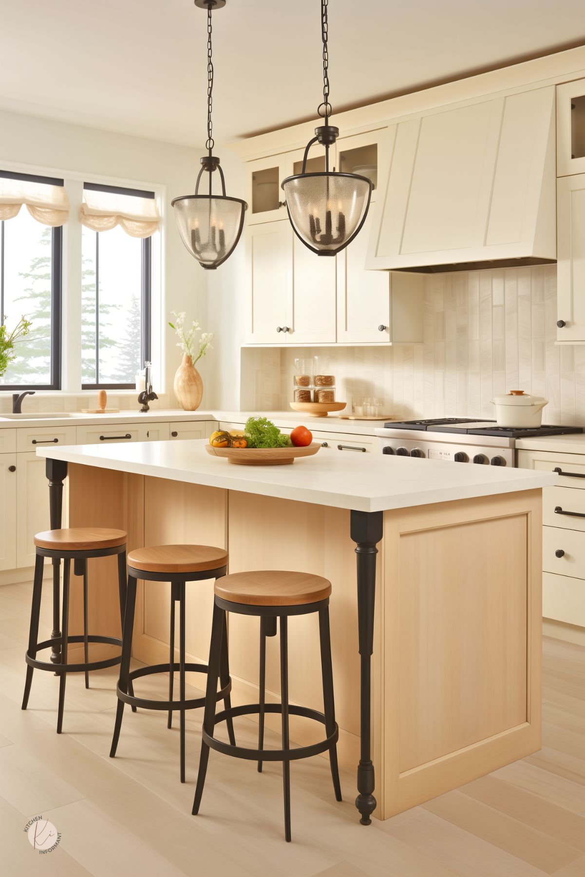 A cozy cream kitchen with a light wood island, black metal barstools, and farmhouse-style cabinetry. Black iron pendant lights add contrast, while natural light enhances the warm, inviting feel.