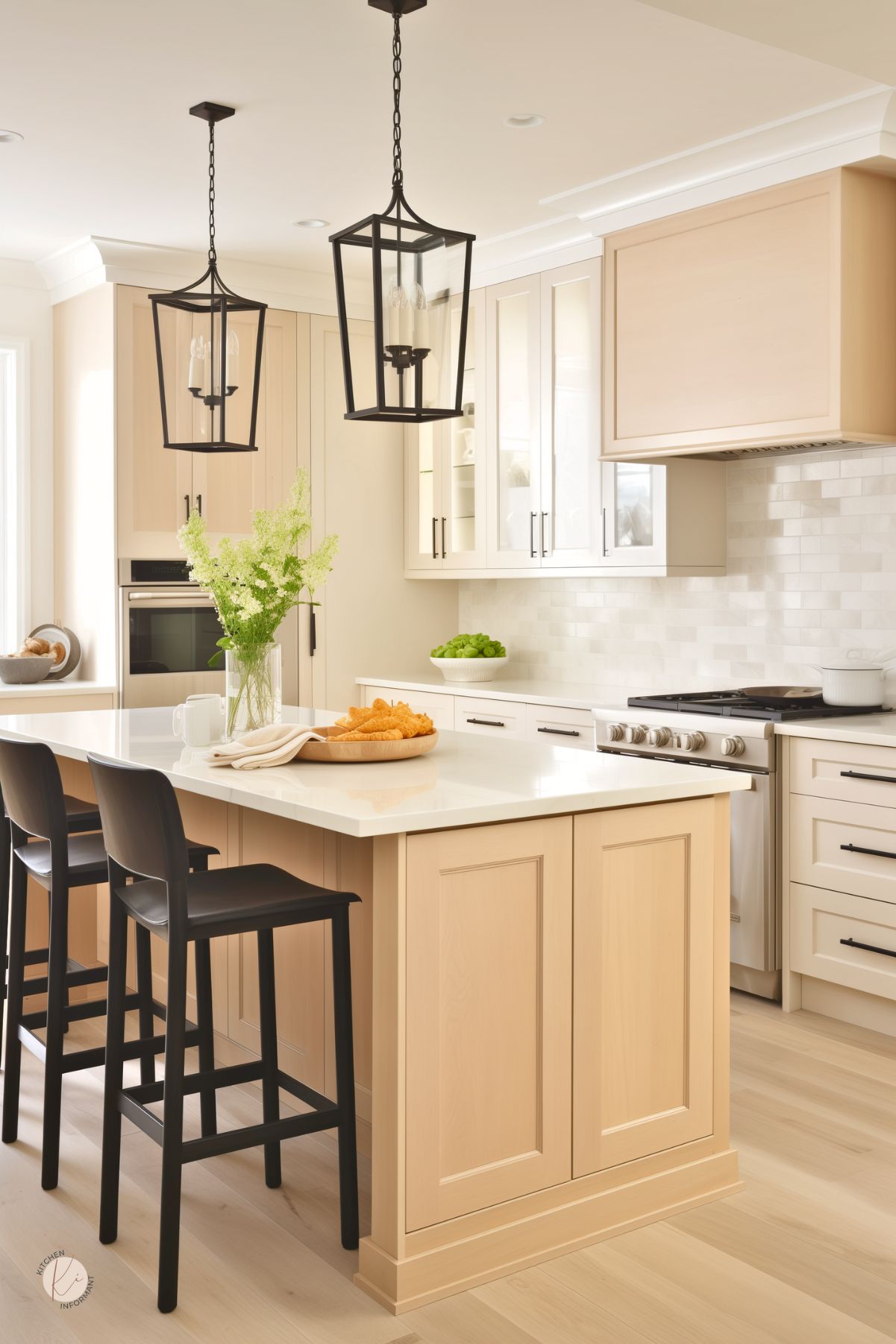 A bright and elegant cream-toned kitchen with natural wood cabinetry and a large island with a smooth white countertop. Black barstools contrast against the light wood, while black lantern-style pendant lights add a touch of sophistication. The backsplash features glossy white subway tiles, complementing the white upper cabinets and sleek black hardware. A bowl of green apples and fresh flowers bring a refreshing natural element to the space.