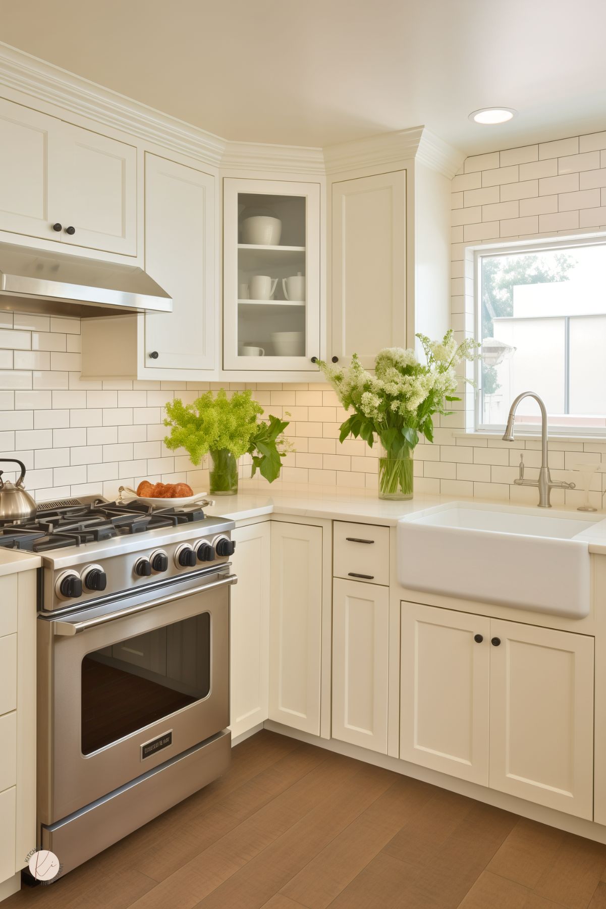 A cozy and bright cream-colored kitchen featuring shaker-style cabinetry, a farmhouse sink, and a classic white subway tile backsplash. Stainless steel appliances, including a gas range with a sleek vent hood, add a modern touch. Glass-front cabinets provide an elegant display for dishware, while fresh greenery and flowers bring warmth and freshness. A large window allows natural light to enhance the inviting and functional space.