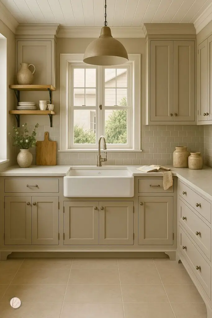 Soft greige farmhouse kitchen with shaker cabinets, a white apron-front sink, and beige subway tile backsplash. A large dome pendant light hangs over the sink area, centered beneath a double window. Open wood shelves display neutral dishware, while simple decor like ceramic jars, a cutting board, and a linen towel create a calm, timeless feel.
